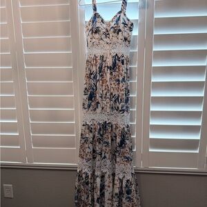 Floral Lace-Trim Maxi Dress in White and Blue